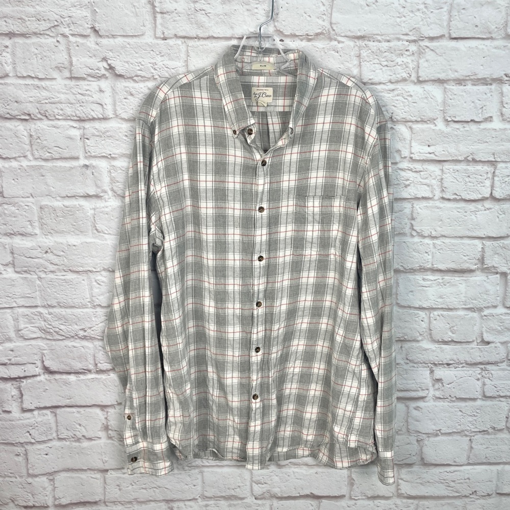 J. Crew Brushed Twill Gray & Red Plaid Slim Fit‎ Button Down Size L